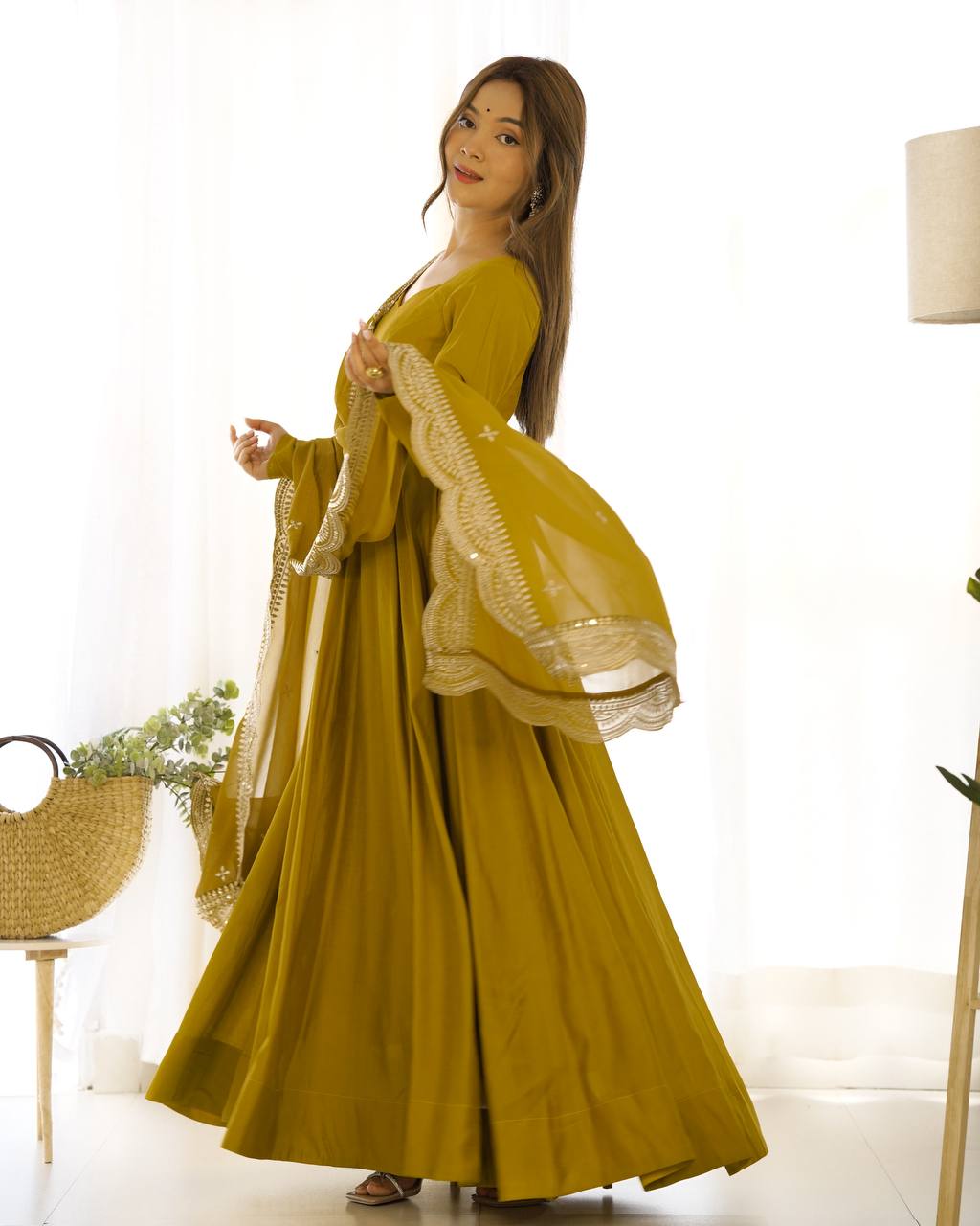 Party Wear Musturd Yellow Color Heavy Chanderi Silk Gown For Girls