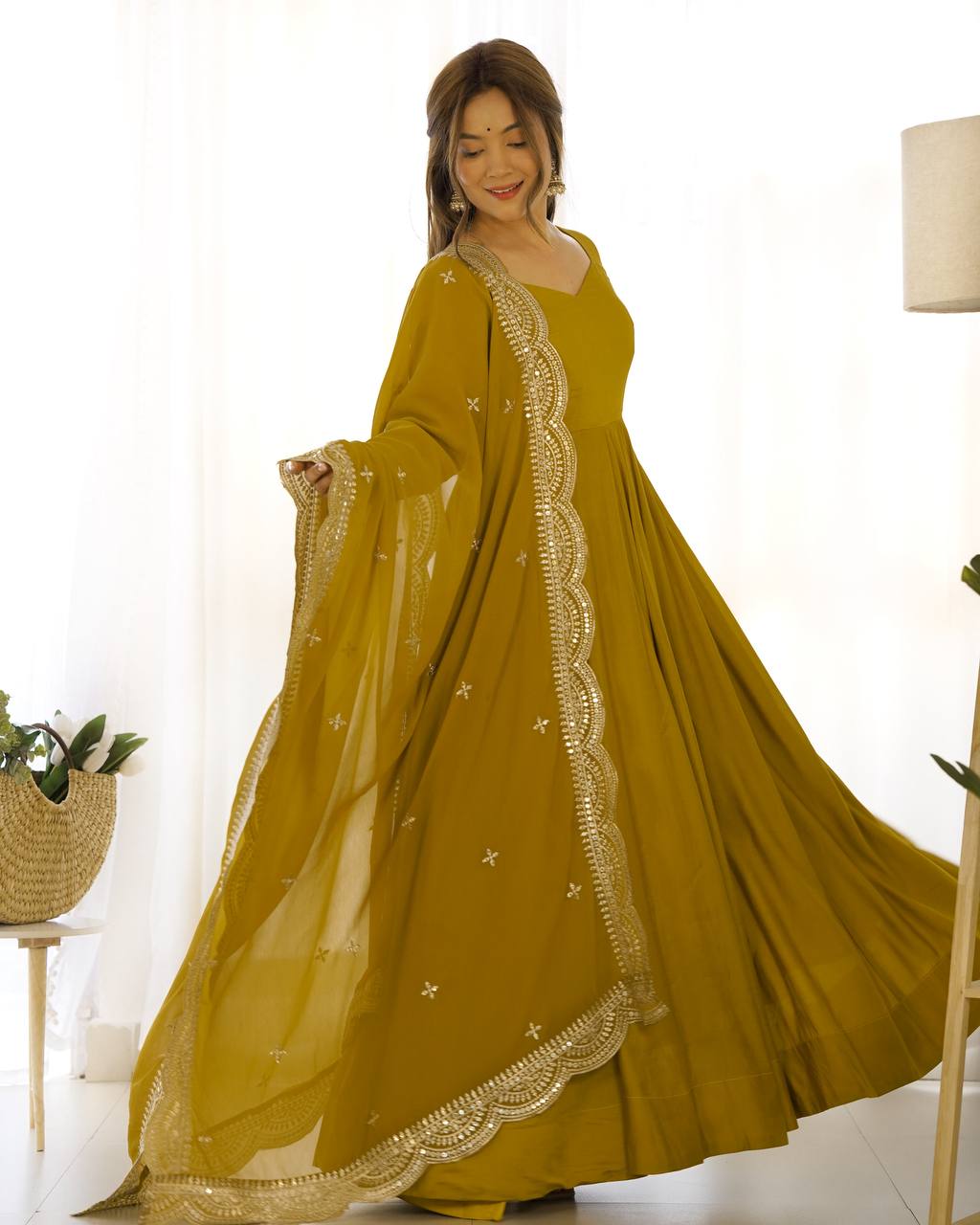 Party Wear Musturd Yellow Color Heavy Chanderi Silk Gown For Girls