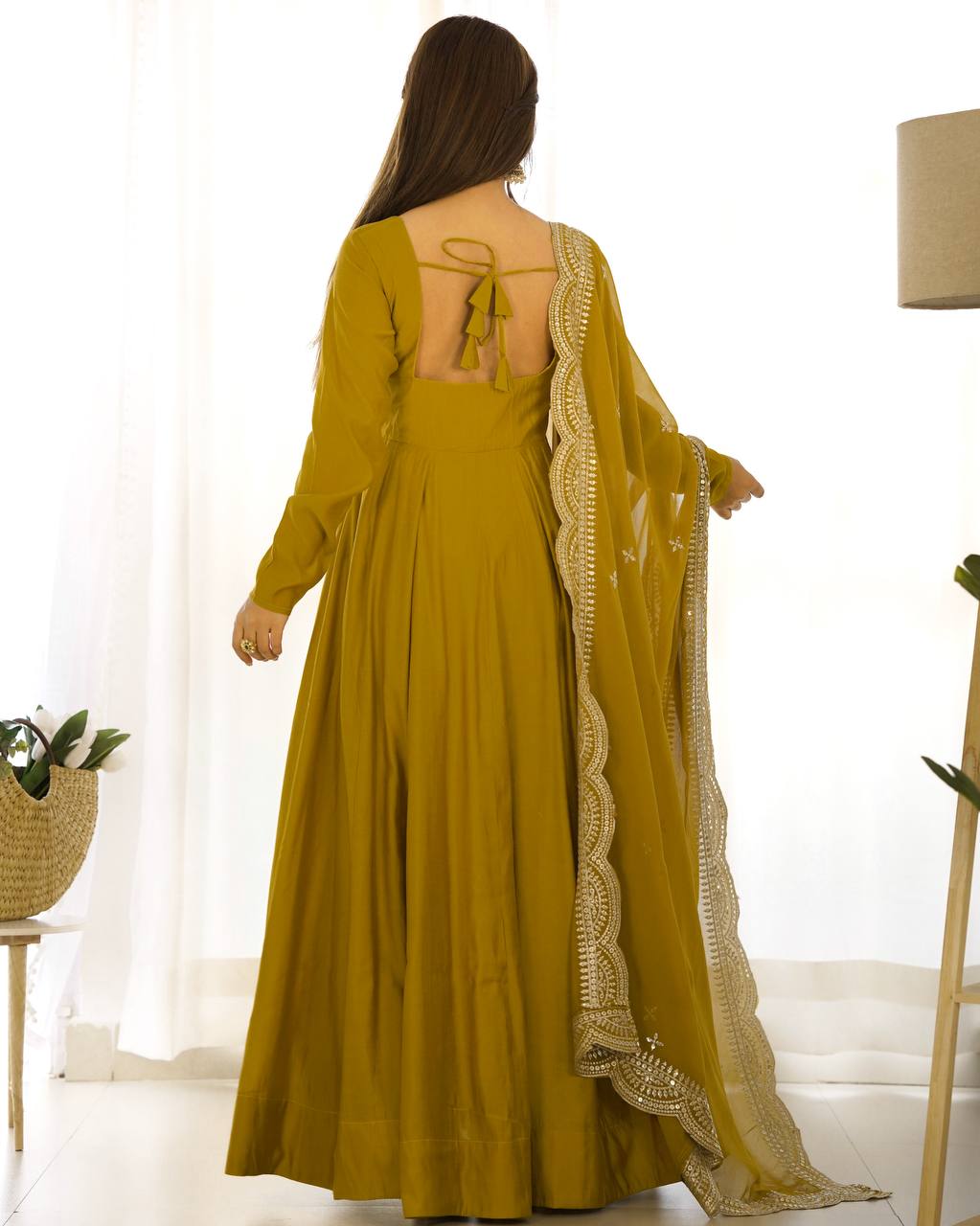 Party Wear Musturd Yellow Color Heavy Chanderi Silk Gown For Girls