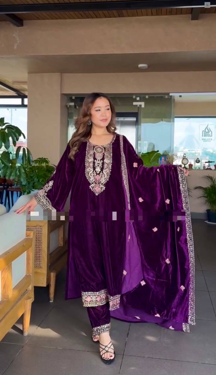 Wedding Wear Purple Color Heavy Viscose Velvet Kurti For Girls