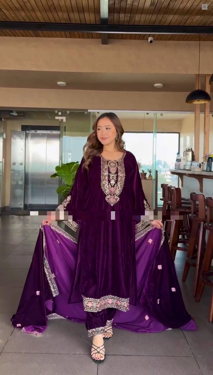 Wedding Wear Purple Color Heavy Viscose Velvet Kurti For Girls