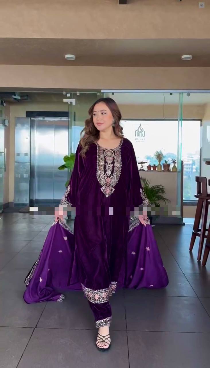 Wedding Wear Purple Color Heavy Viscose Velvet Kurti For Girls