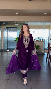 Wedding Wear Purple Color Heavy Viscose Velvet Kurti For Girls
