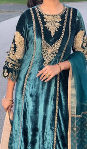 Wedding Wear Navy Blue Color Viscose Velvet Kurti For Women