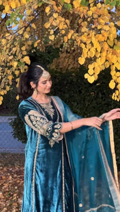 Wedding Wear Navy Blue Color Viscose Velvet Kurti For Women