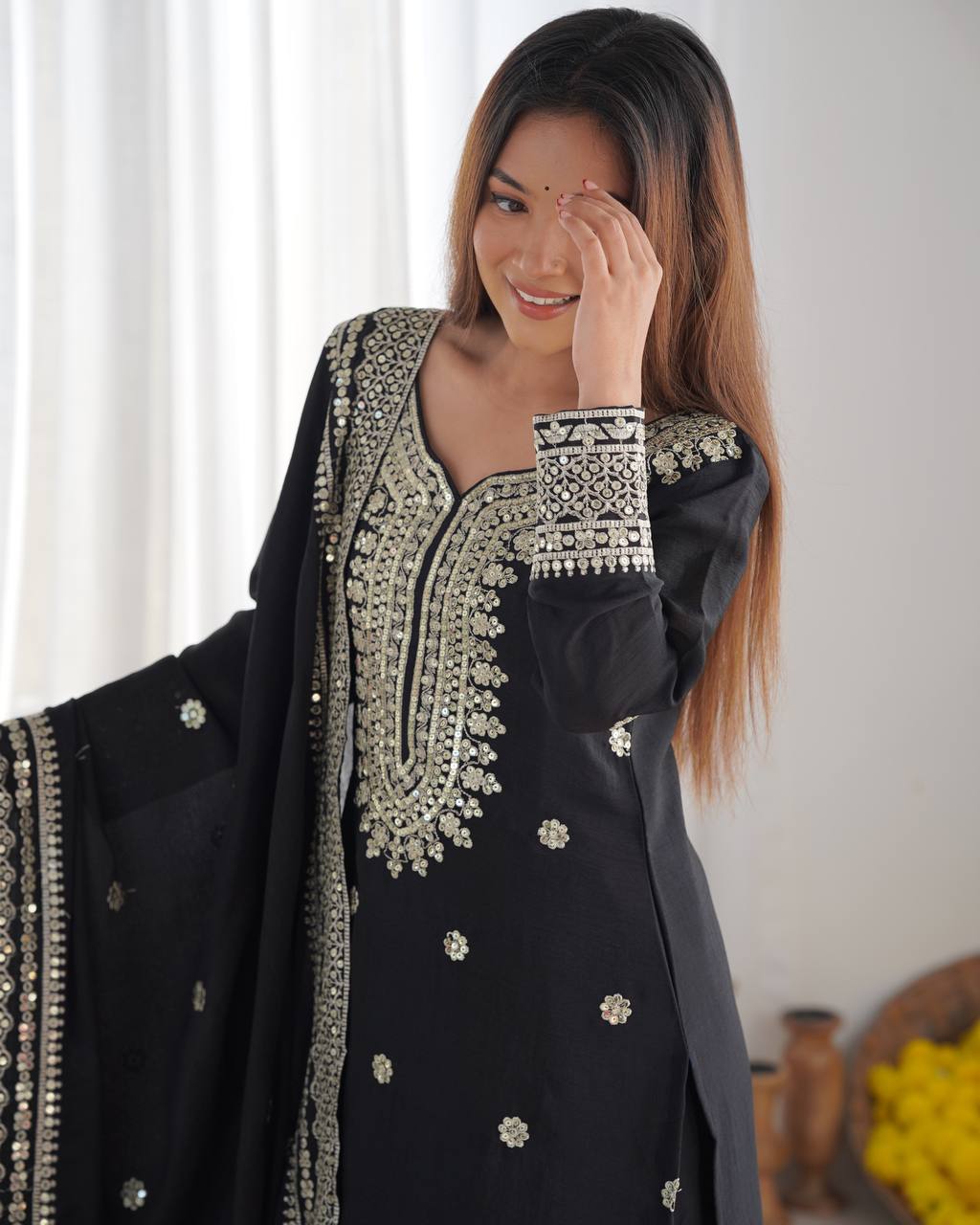 Wedding Wear Black Color Heavy Chinnon Silk Suit Set For Girls