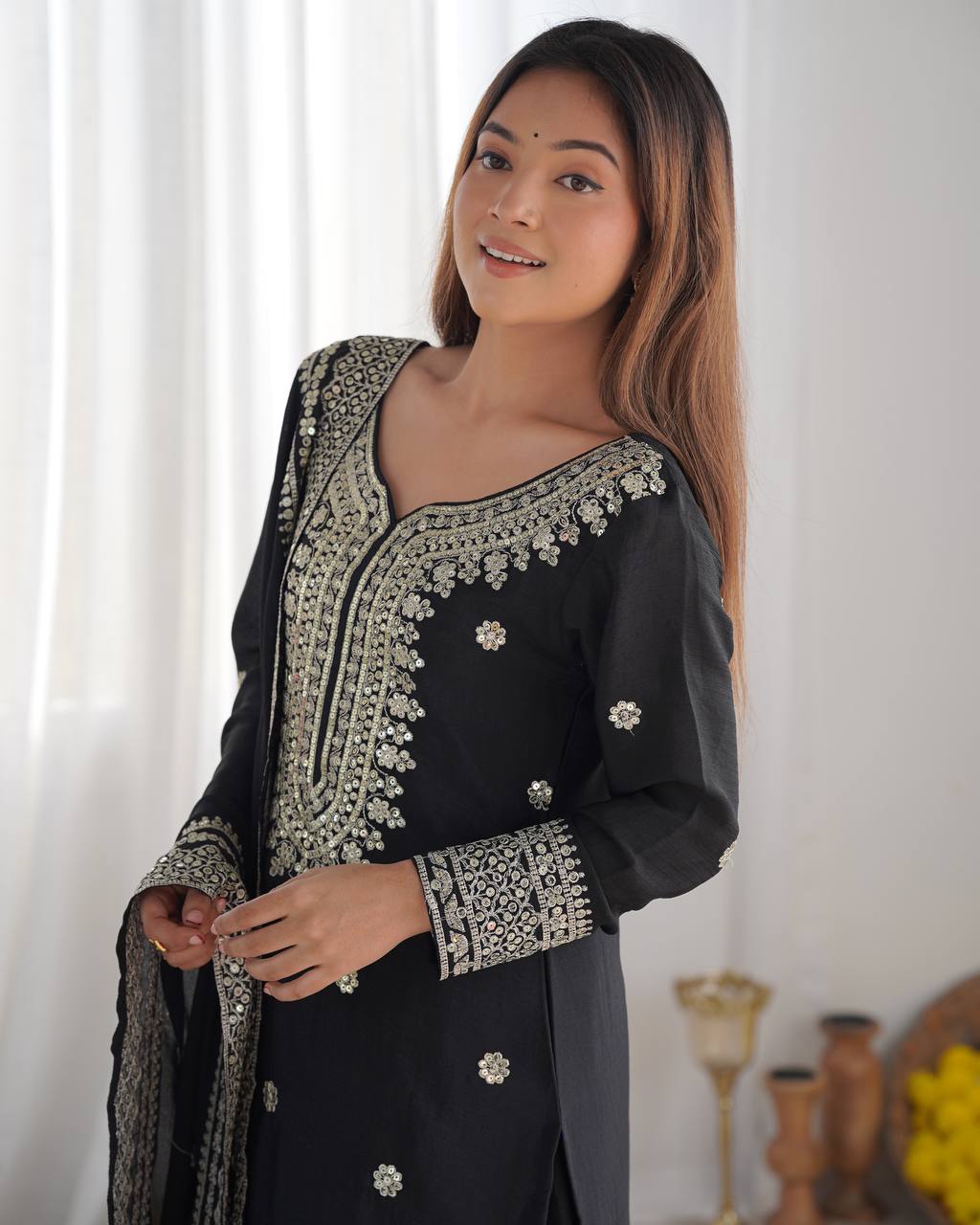 Wedding Wear Black Color Heavy Chinnon Silk Suit Set For Girls