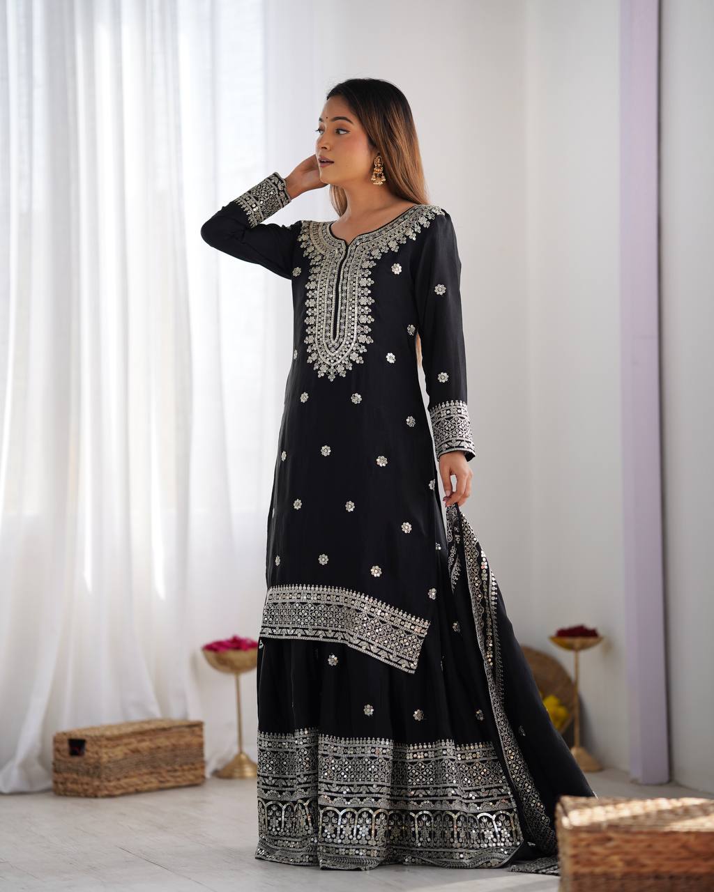 Wedding Wear Black Color Heavy Chinnon Silk Suit Set For Girls