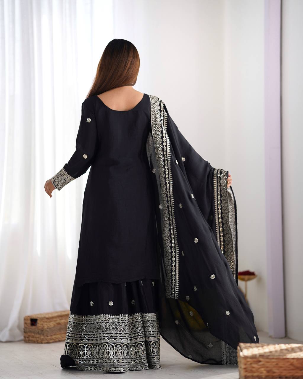 Wedding Wear Black Color Heavy Chinnon Silk Suit Set For Girls