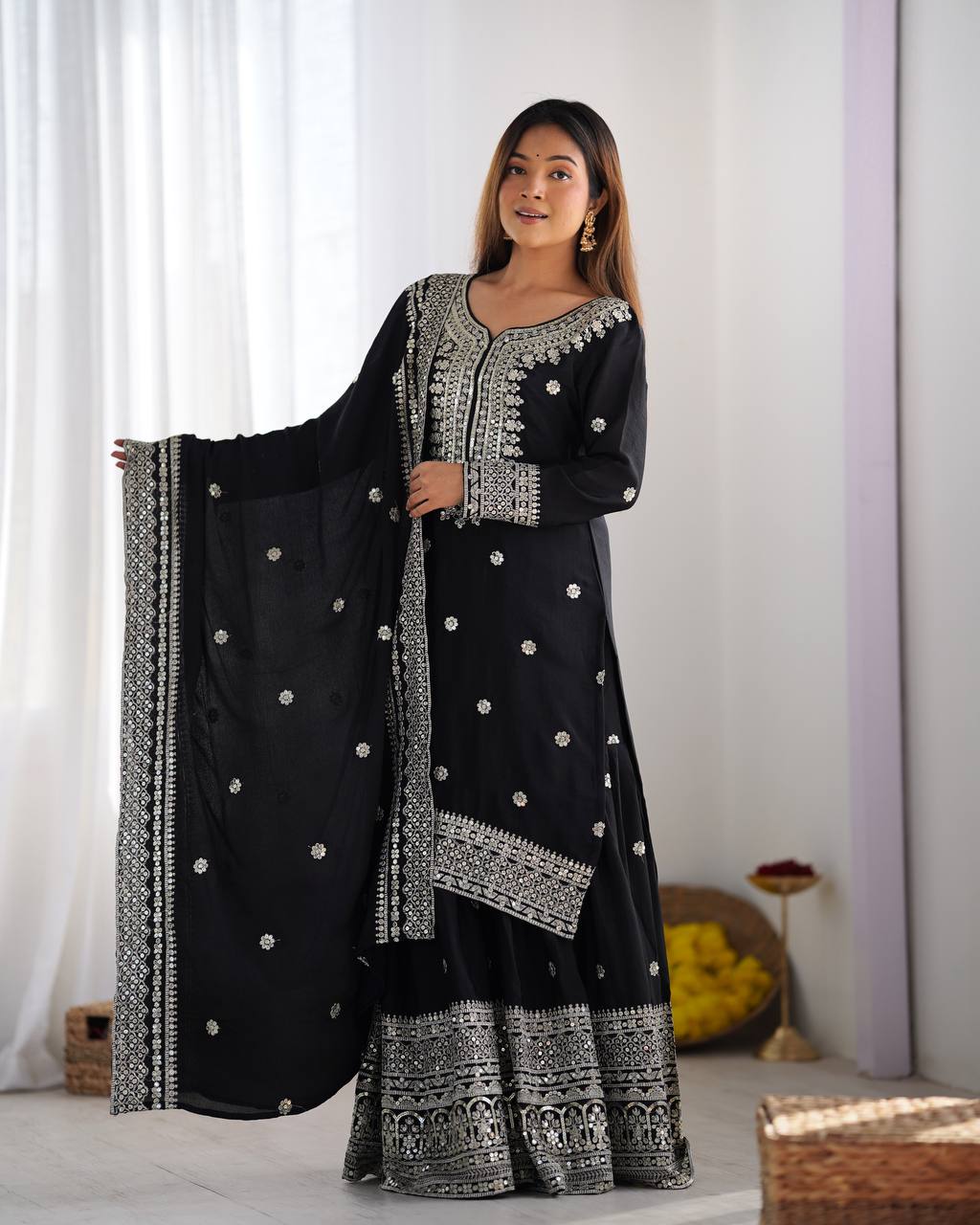 Wedding Wear Black Color Heavy Chinnon Silk Suit Set For Girls