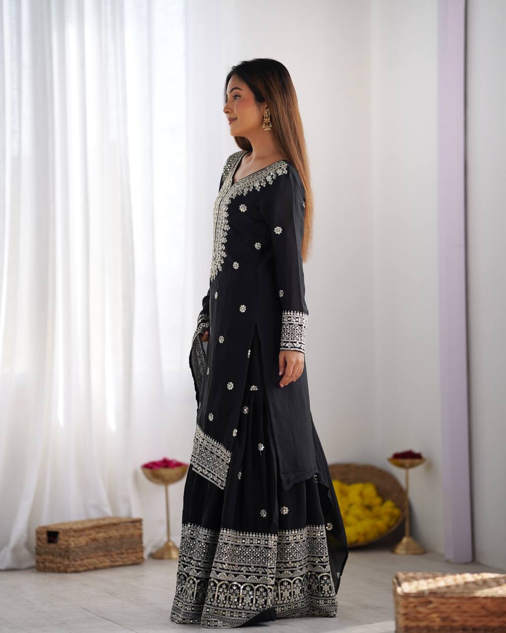 Wedding Wear Black Color Heavy Chinnon Silk Suit Set For Girls