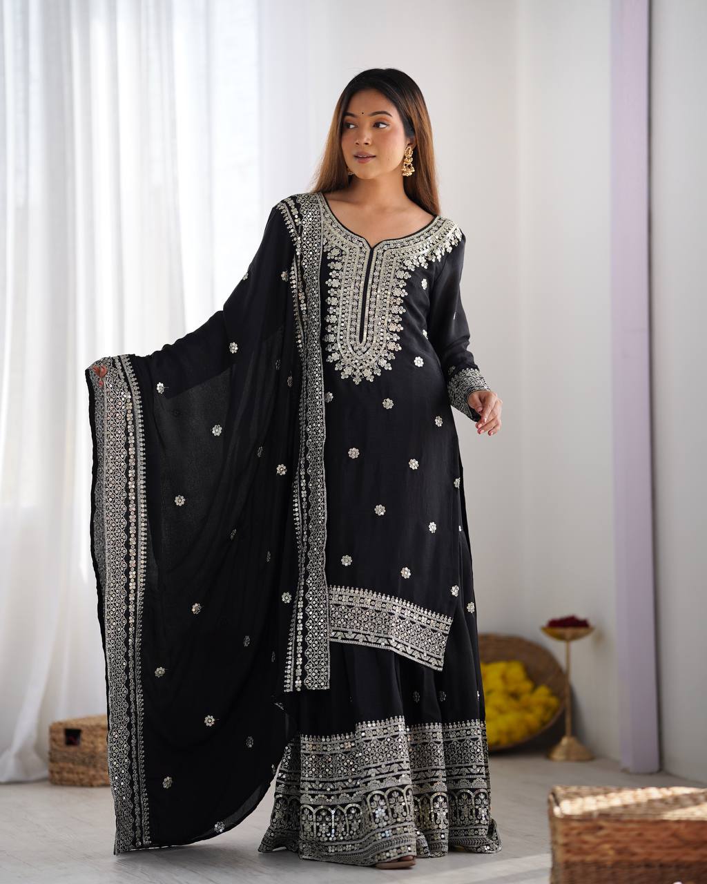 Wedding Wear Black Color Heavy Chinnon Silk Suit Set For Girls