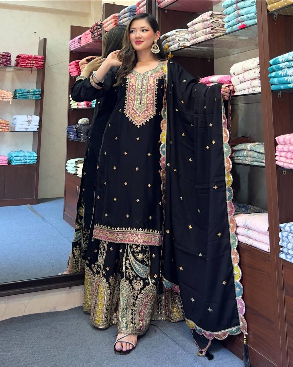 Party Wear Black Color Chinon Silk Kurti For Girls