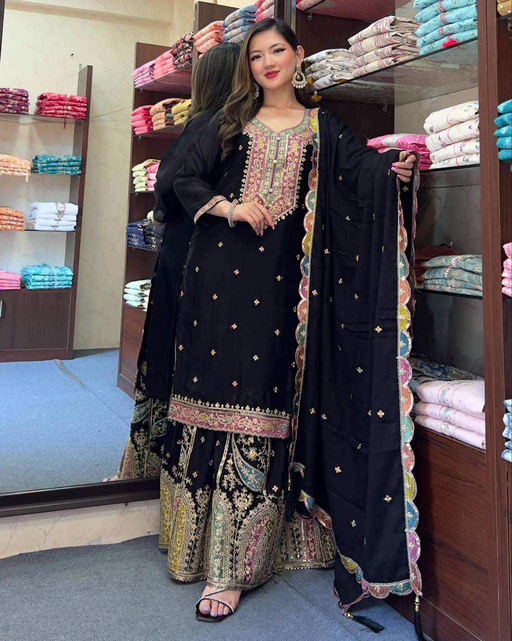 Party Wear Black Color Chinon Silk Kurti For Girls