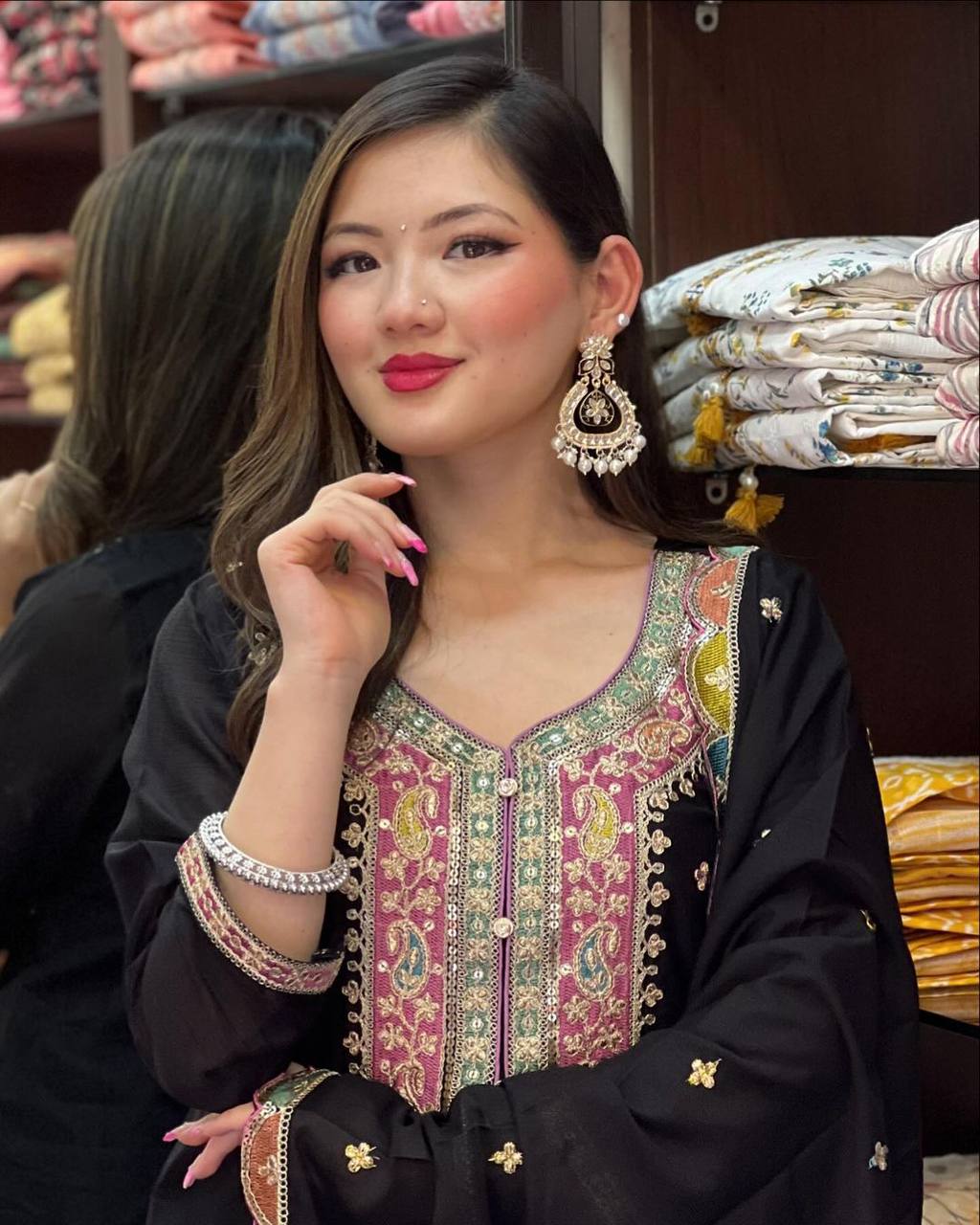 Party Wear Black Color Chinon Silk Kurti For Girls
