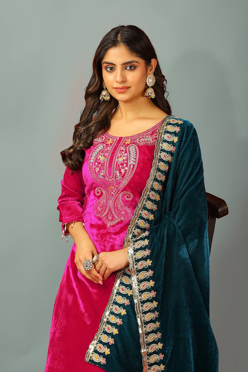 Wedding Wear Pink Color Heavy Viscose Velvet Suit For Girls