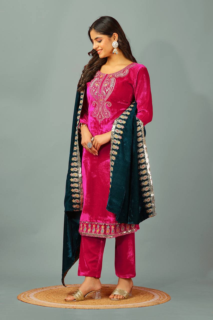 Wedding Wear Pink Color Heavy Viscose Velvet Suit For Girls
