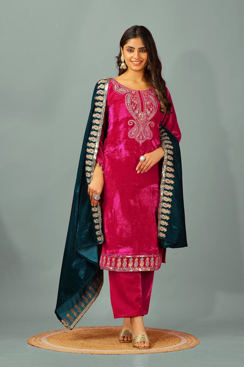 Wedding Wear Pink Color Heavy Viscose Velvet Suit For Girls