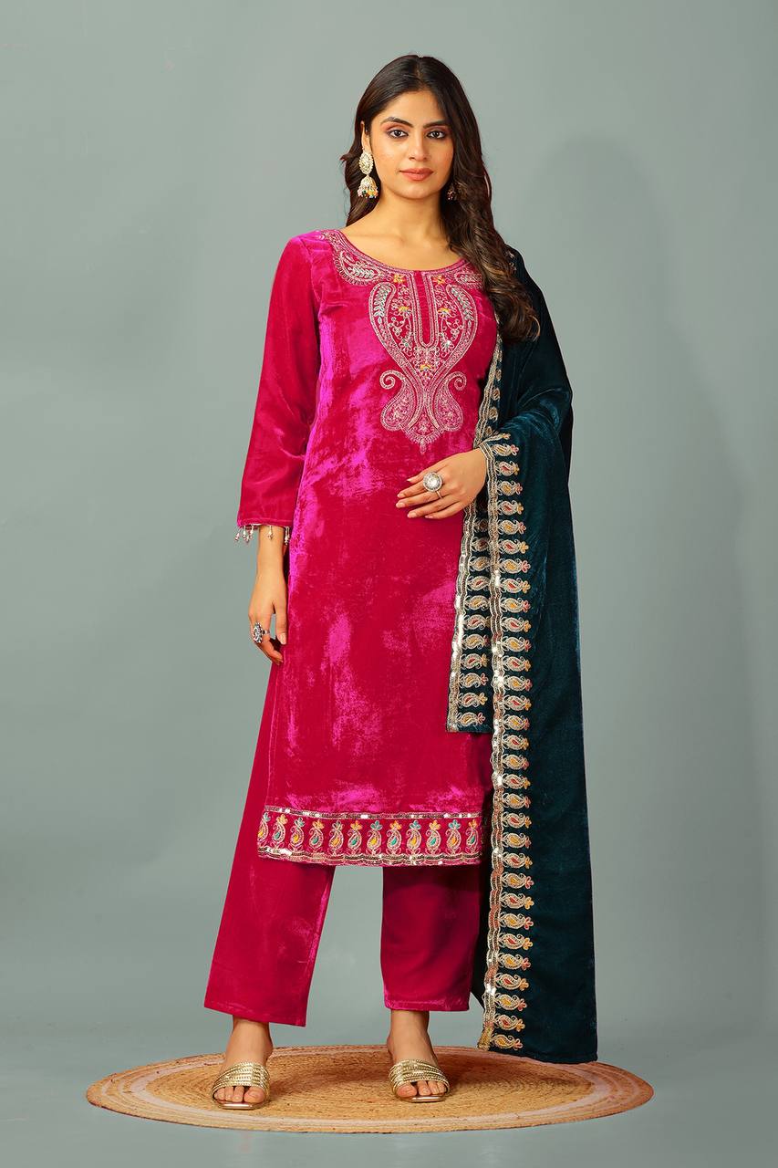 Wedding Wear Pink Color Heavy Viscose Velvet Suit For Girls
