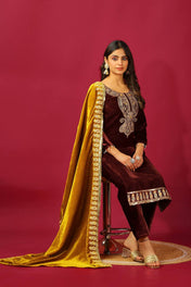 Party Wear Brown Color Heavy Viscose Velvet Kurti For Girls