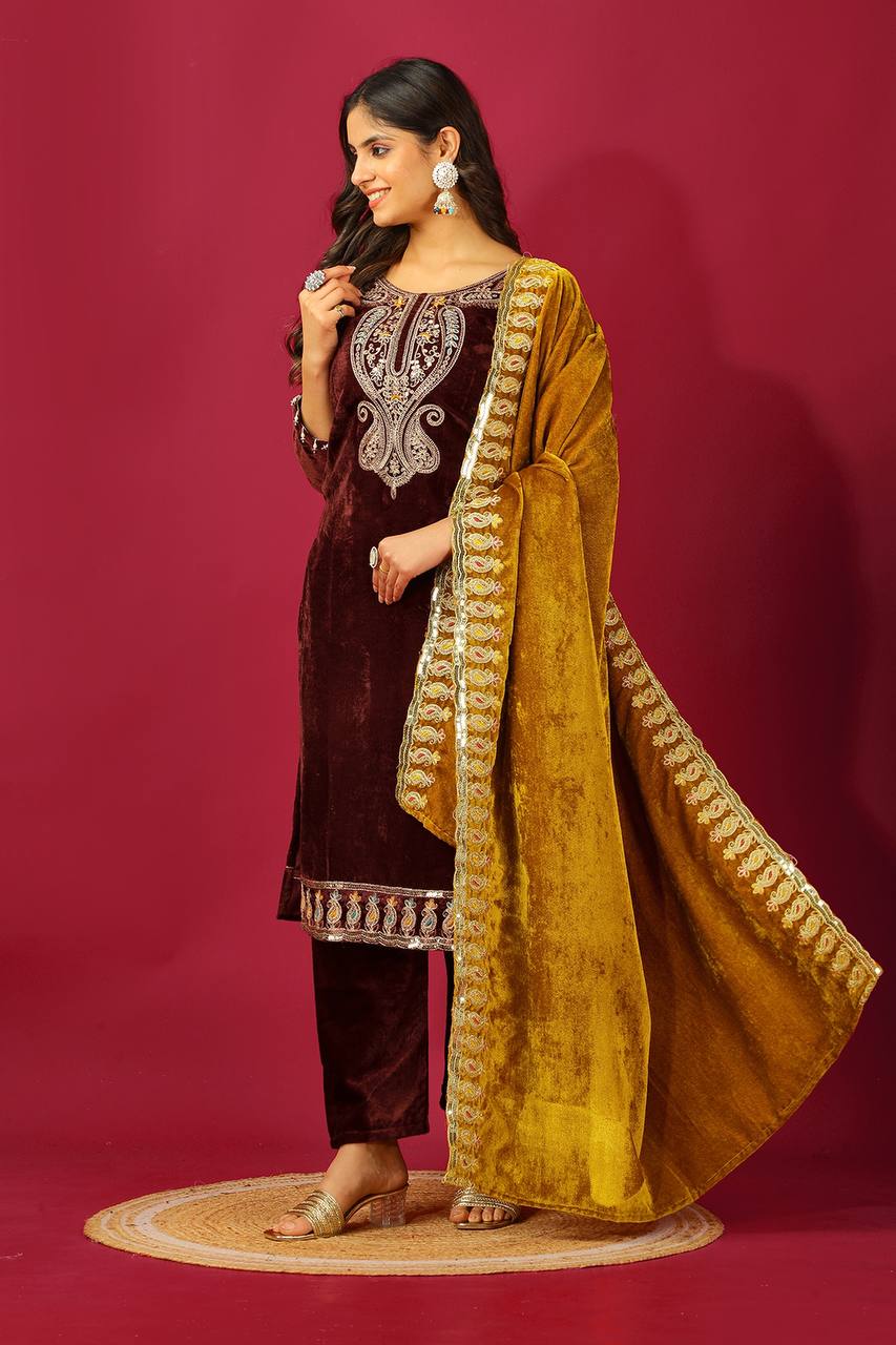 Party Wear Brown Color Heavy Viscose Velvet Kurti For Girls