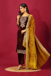 Party Wear Brown Color Heavy Viscose Velvet Kurti For Girls