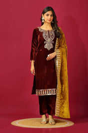 Party Wear Brown Color Heavy Viscose Velvet Kurti For Girls