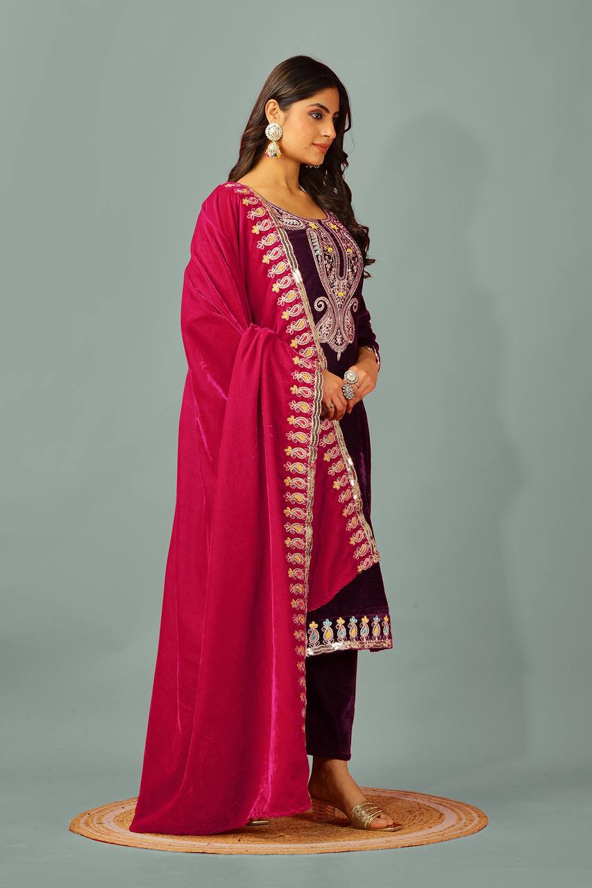 Wedding Wear Dark Purple Color Heavy Viscose Velvet Kurti For Girls