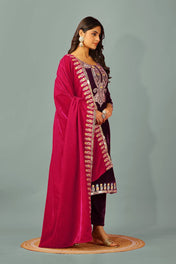 Wedding Wear Dark Purple Color Heavy Viscose Velvet Kurti For Girls