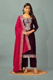 Wedding Wear Dark Purple Color Heavy Viscose Velvet Kurti For Girls