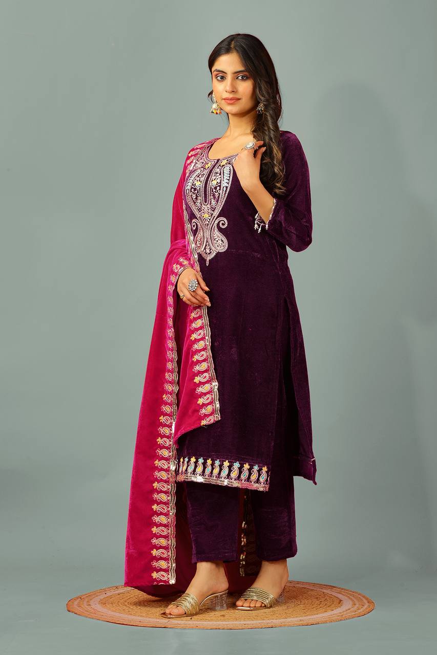 Wedding Wear Dark Purple Color Heavy Viscose Velvet Kurti For Girls