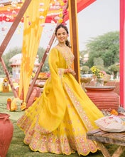 Wedding Wear Yellow Color Faux Georgette Lehenga For Bride