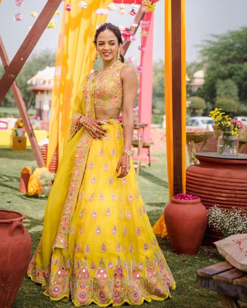 Wedding Wear Yellow Color Faux Georgette Lehenga For Bride