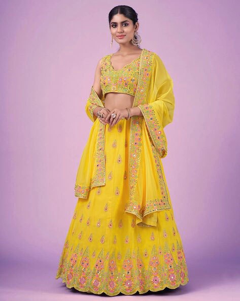 Wedding Wear Yellow Color Faux Georgette Lehenga For Bride