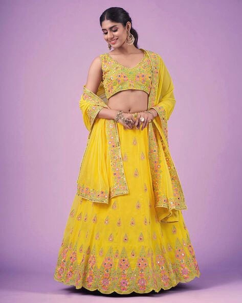 Wedding Wear Yellow Color Faux Georgette Lehenga For Bride