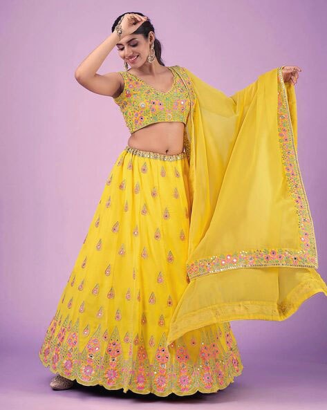 Wedding Wear Yellow Color Faux Georgette Lehenga For Bride