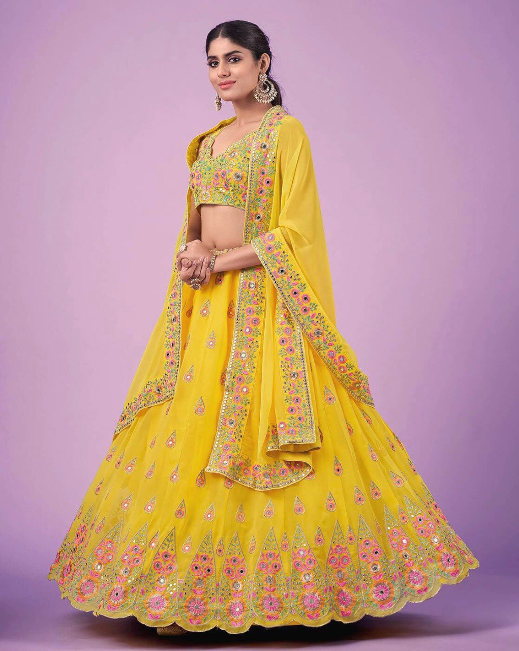 Wedding Wear Yellow Color Faux Georgette Lehenga For Bride