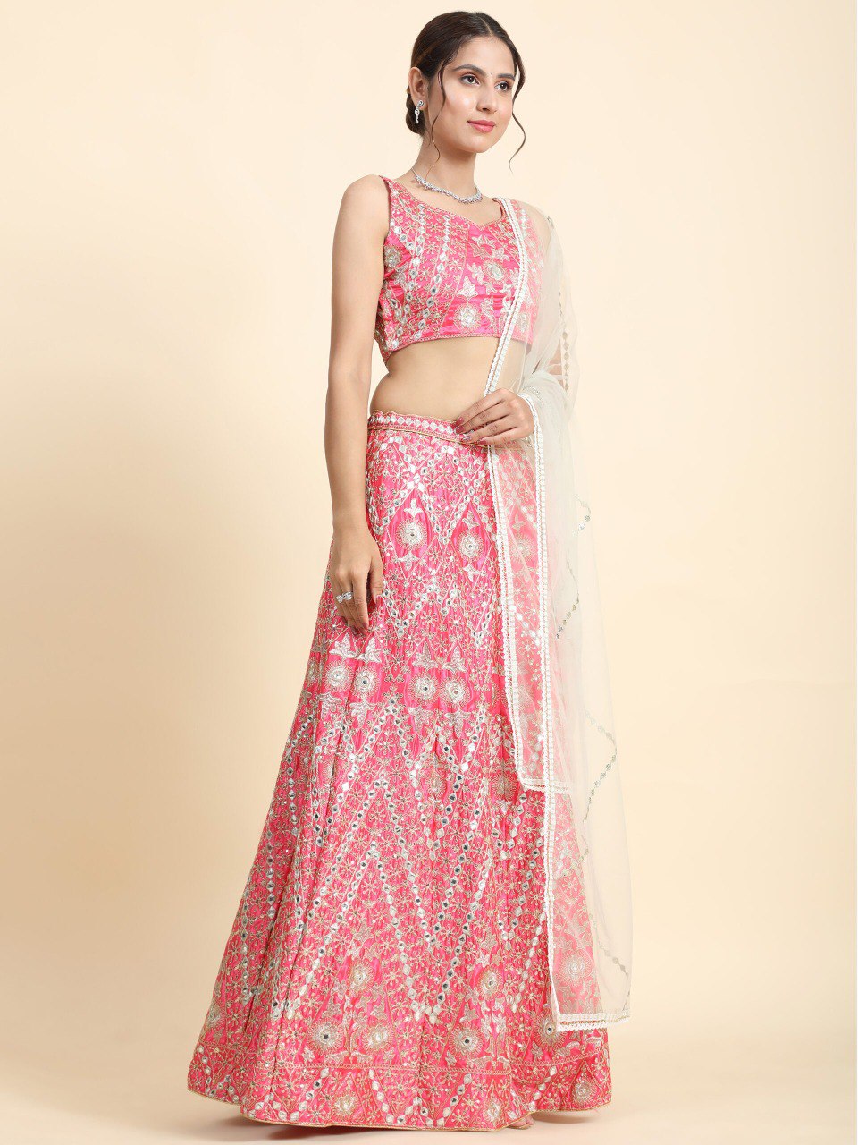 Wedding Wear Pink Color Devsena Silk Lehenga For Bride