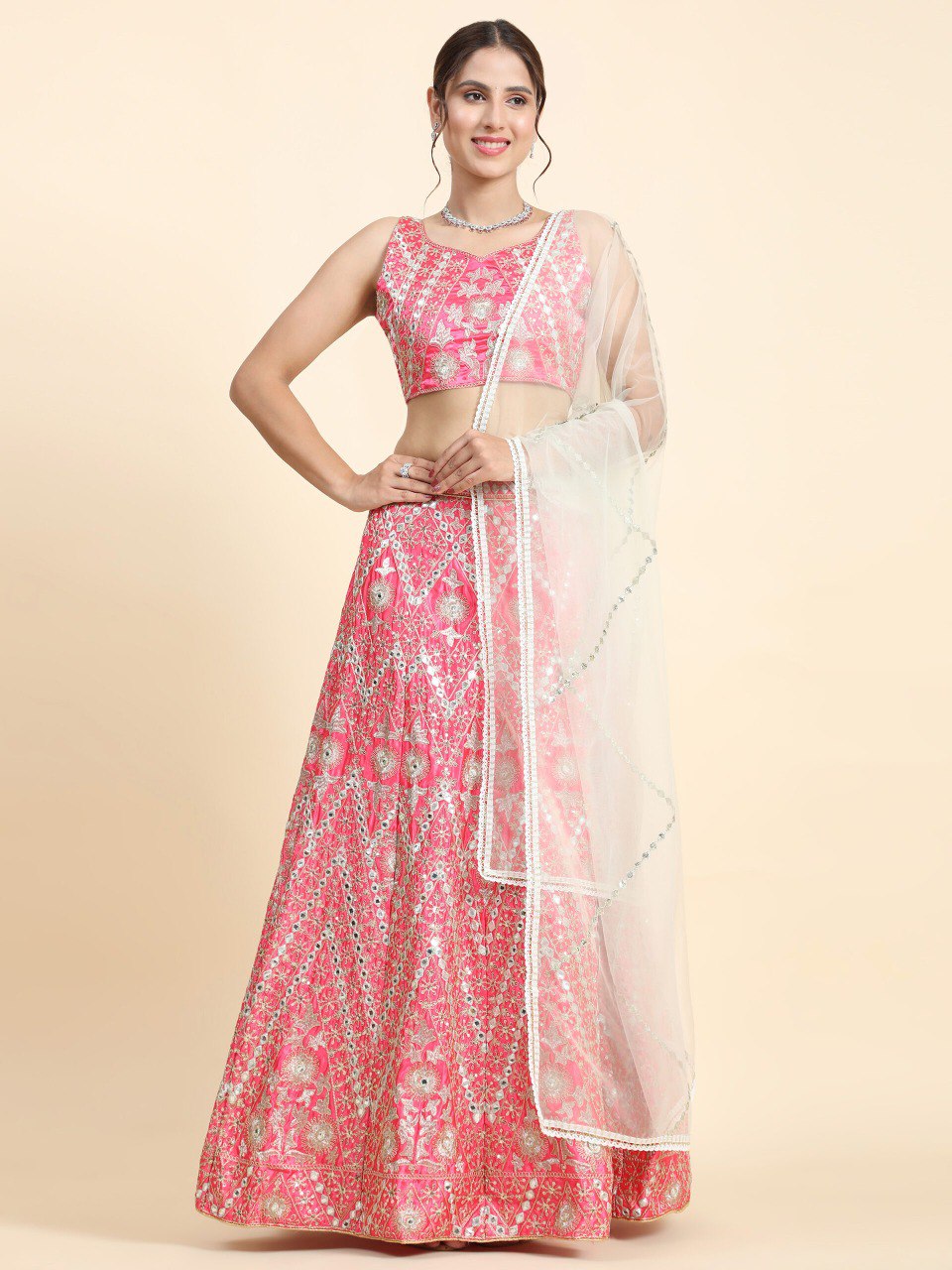 Wedding Wear Pink Color Devsena Silk Lehenga For Bride