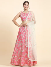 Wedding Wear Pink Color Devsena Silk Lehenga For Bride