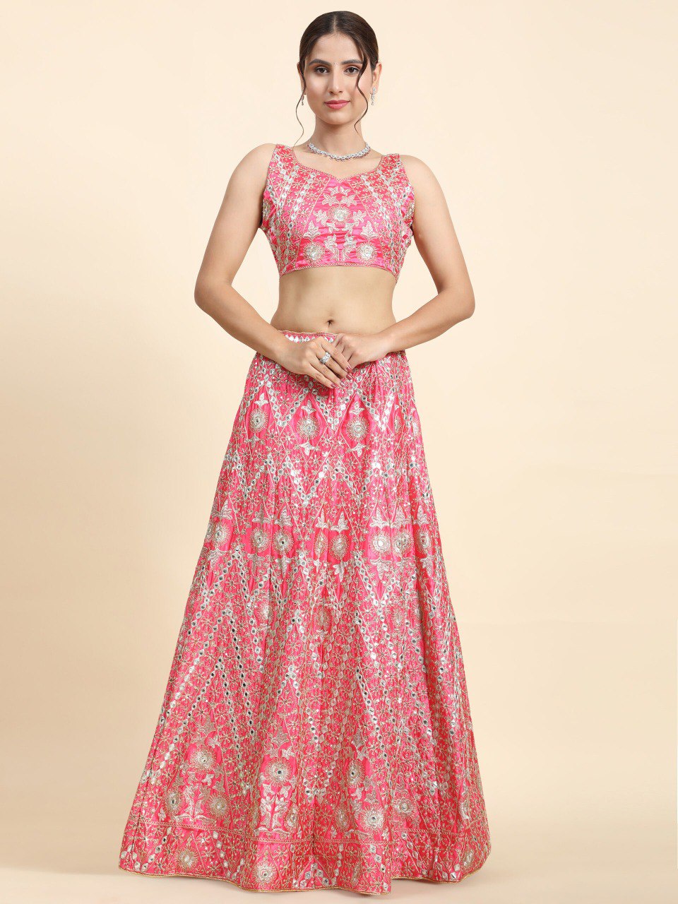 Wedding Wear Pink Color Devsena Silk Lehenga For Bride