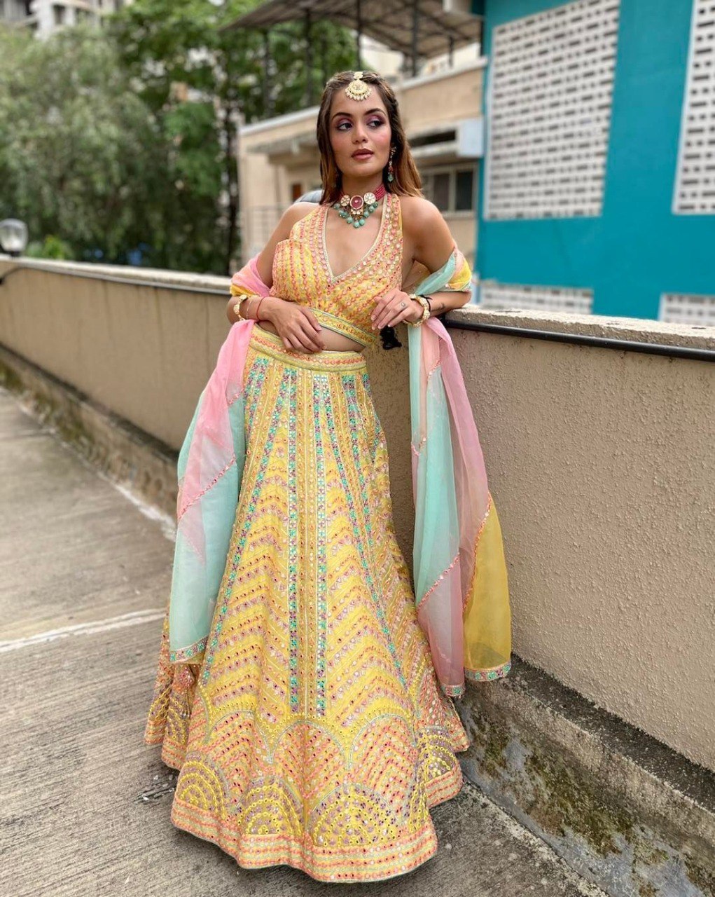Wedding Wear Yellow Color Dola Silk With Fusing Lehenga For Girls