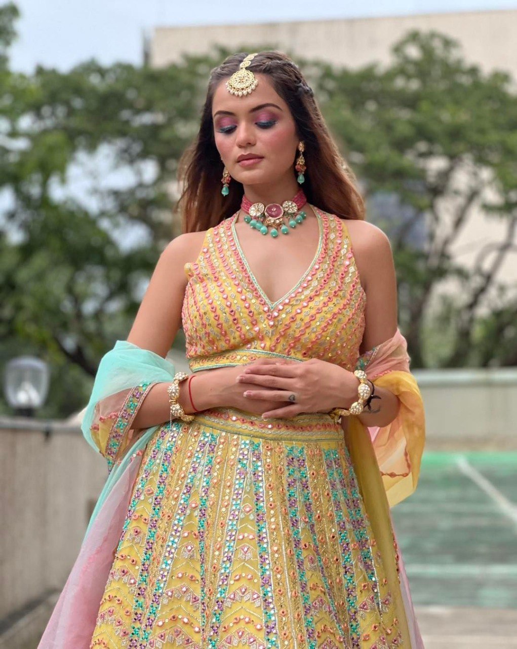 Wedding Wear Yellow Color Dola Silk With Fusing Lehenga For Girls