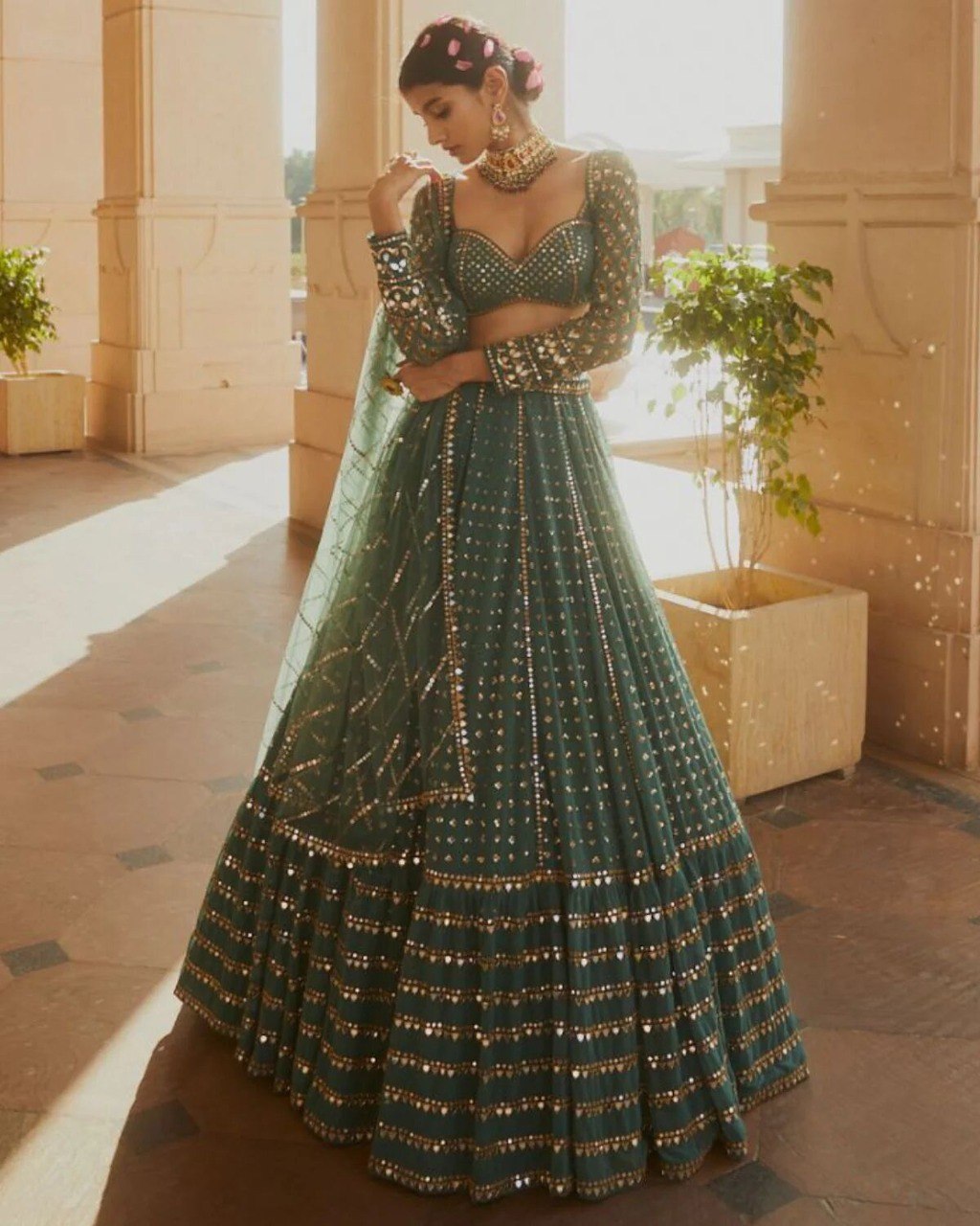 Wedding Wear Green Color Faux Georgette Lehenga For Girls
