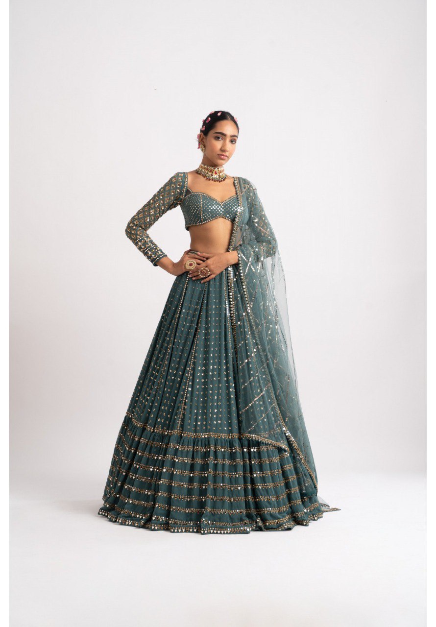 Wedding Wear Green Color Faux Georgette Lehenga For Girls
