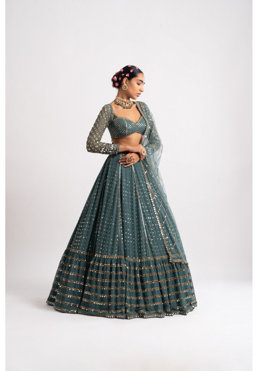 Wedding Wear Green Color Faux Georgette Lehenga For Girls