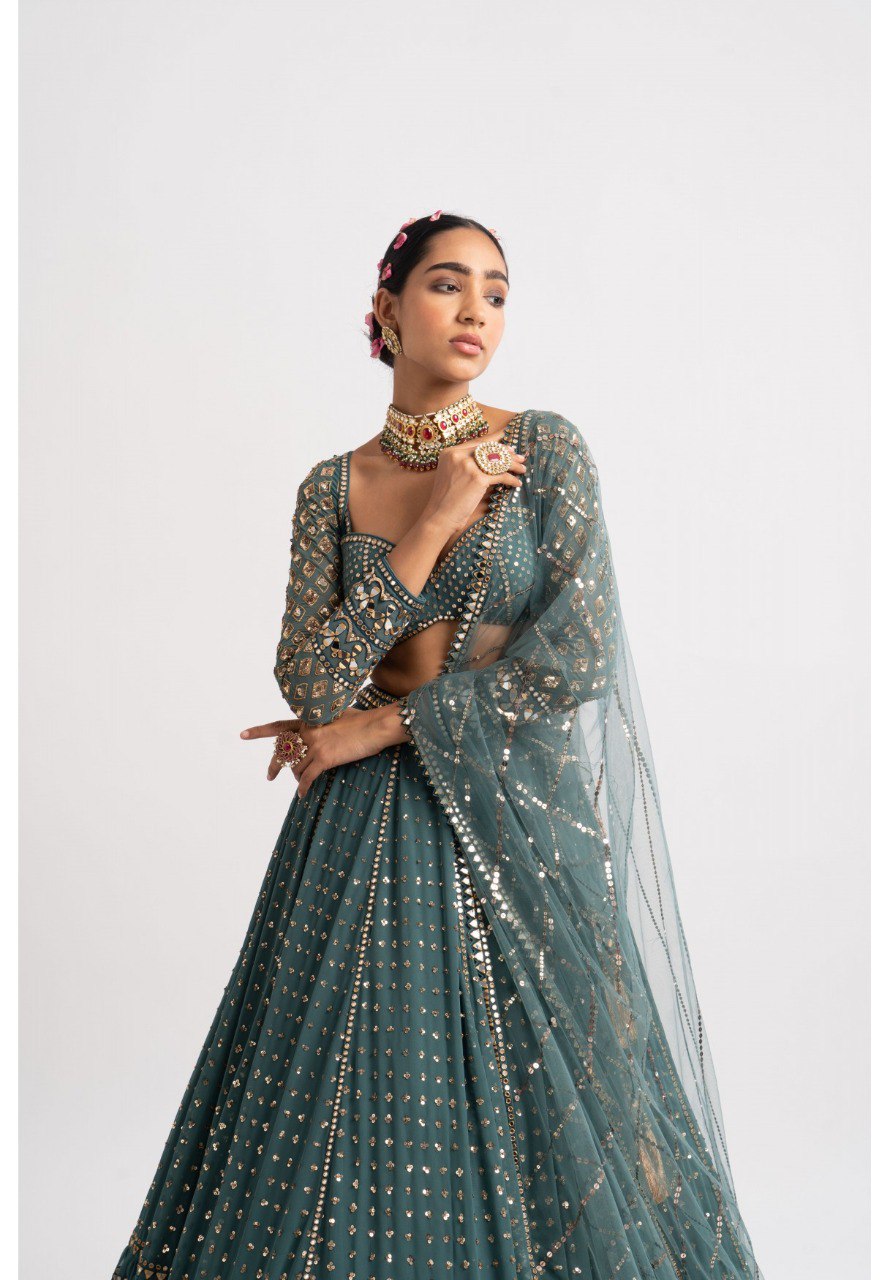Wedding Wear Green Color Faux Georgette Lehenga For Girls