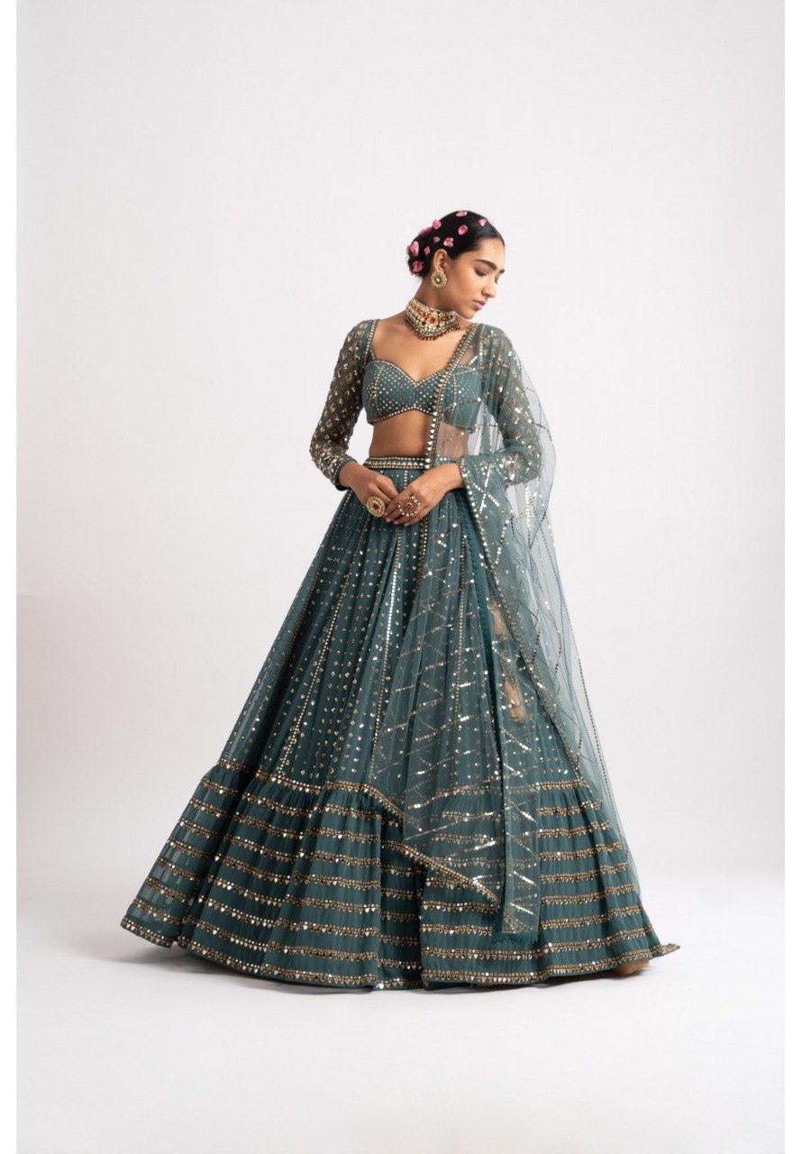 Wedding Wear Green Color Faux Georgette Lehenga For Girls