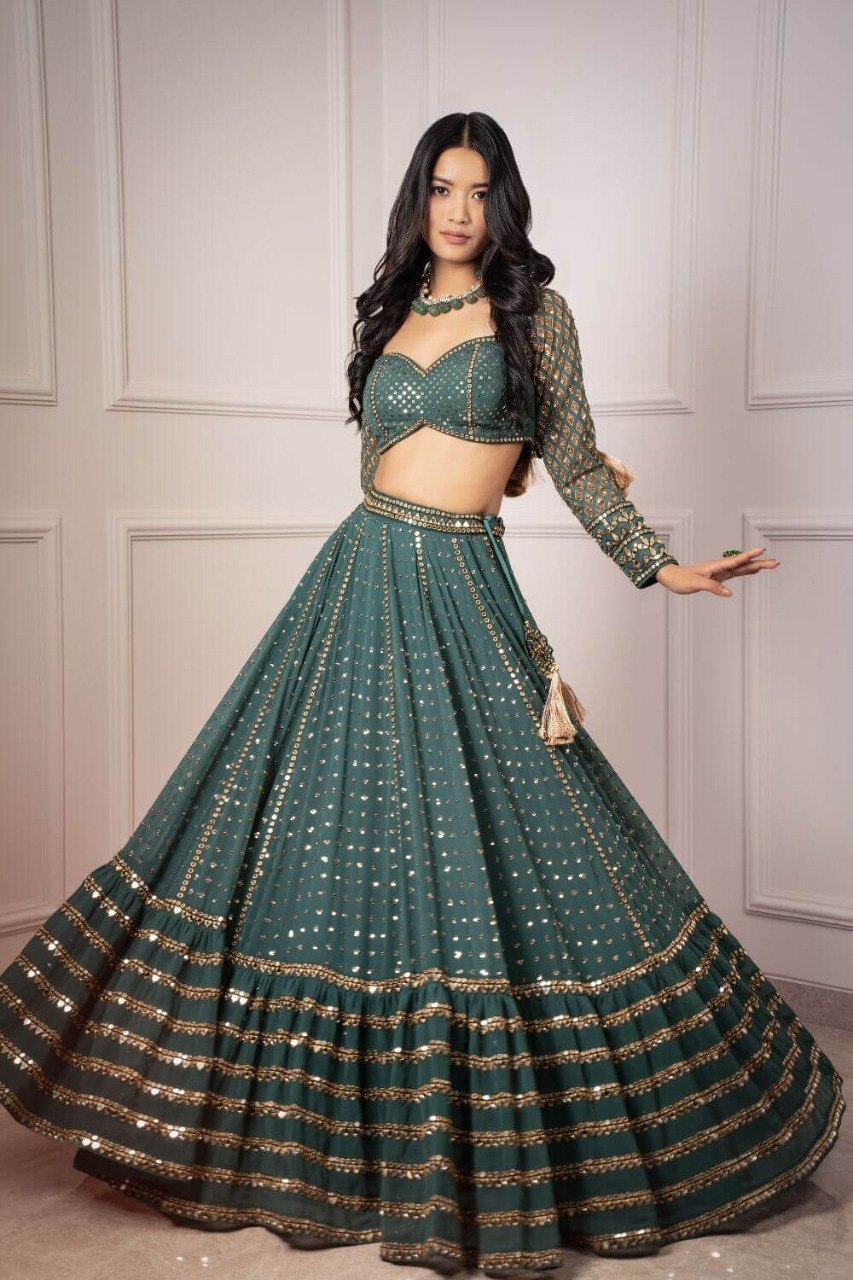Wedding Wear Green Color Faux Georgette Lehenga For Girls