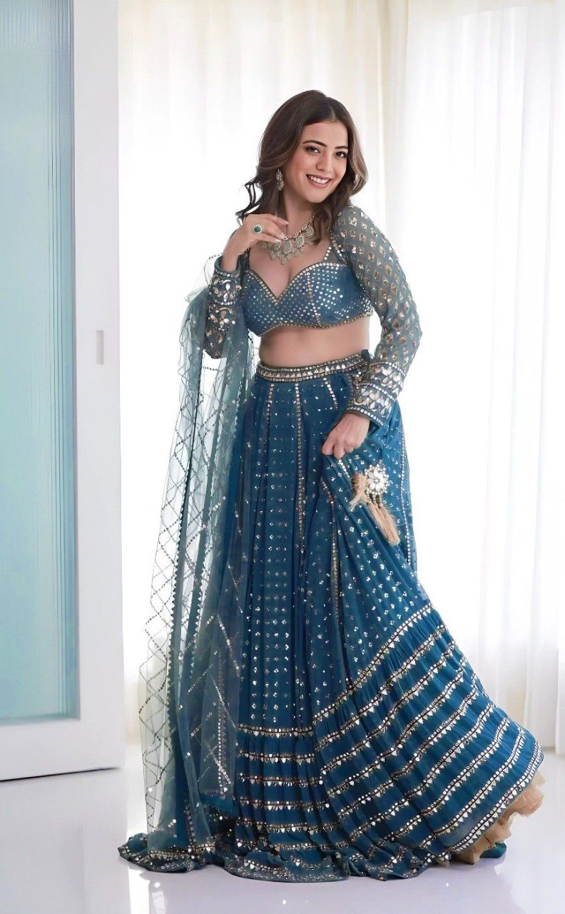 Wedding Wear Blue Color Faux Georgette Lehenga For Girls